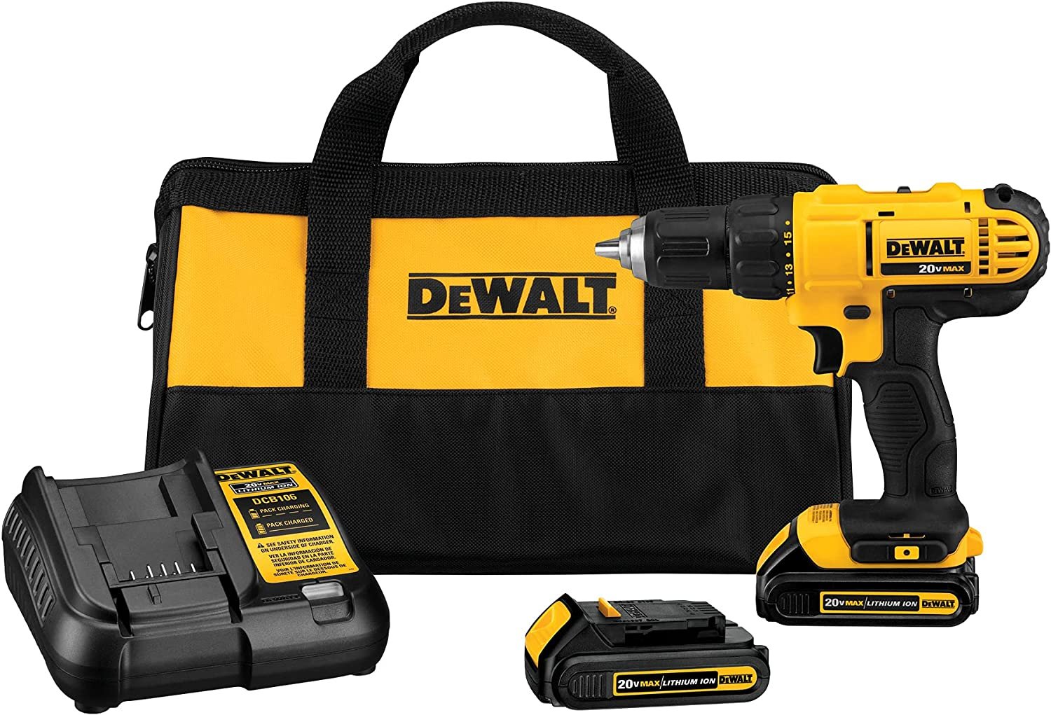 DEWALT 20V Max Cordless Drill / Driver Kit, Compact, 1/2-Inch DCD771C2, Yellow