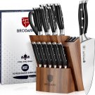 BRODARK Kitchen Knife Set Block, Full Tang 15pcs Professional Chef Knife Set with Knife Sharpener