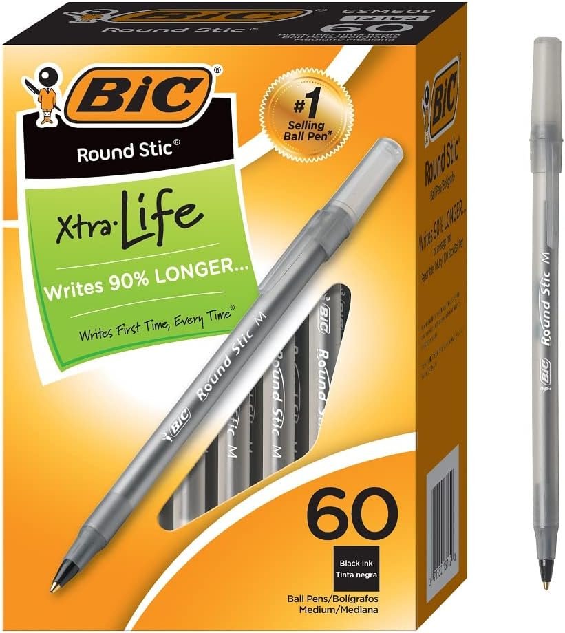 BIC Round Stic Xtra Life Ballpoint Pens, Medium Point (1.0mm), Black 60-Count