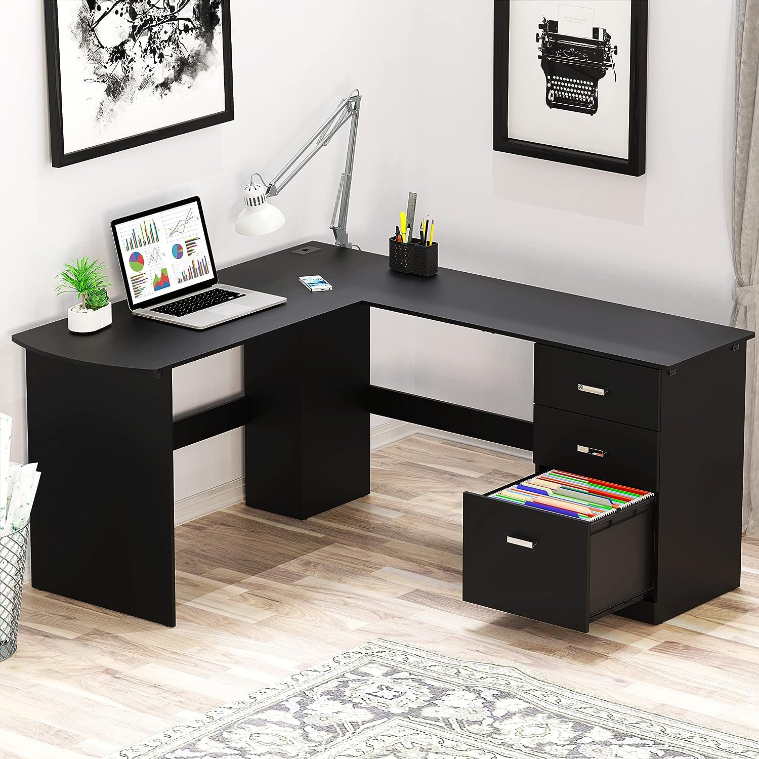 SHW LShaped home Office Wood Corner Desk with 3 Drawers