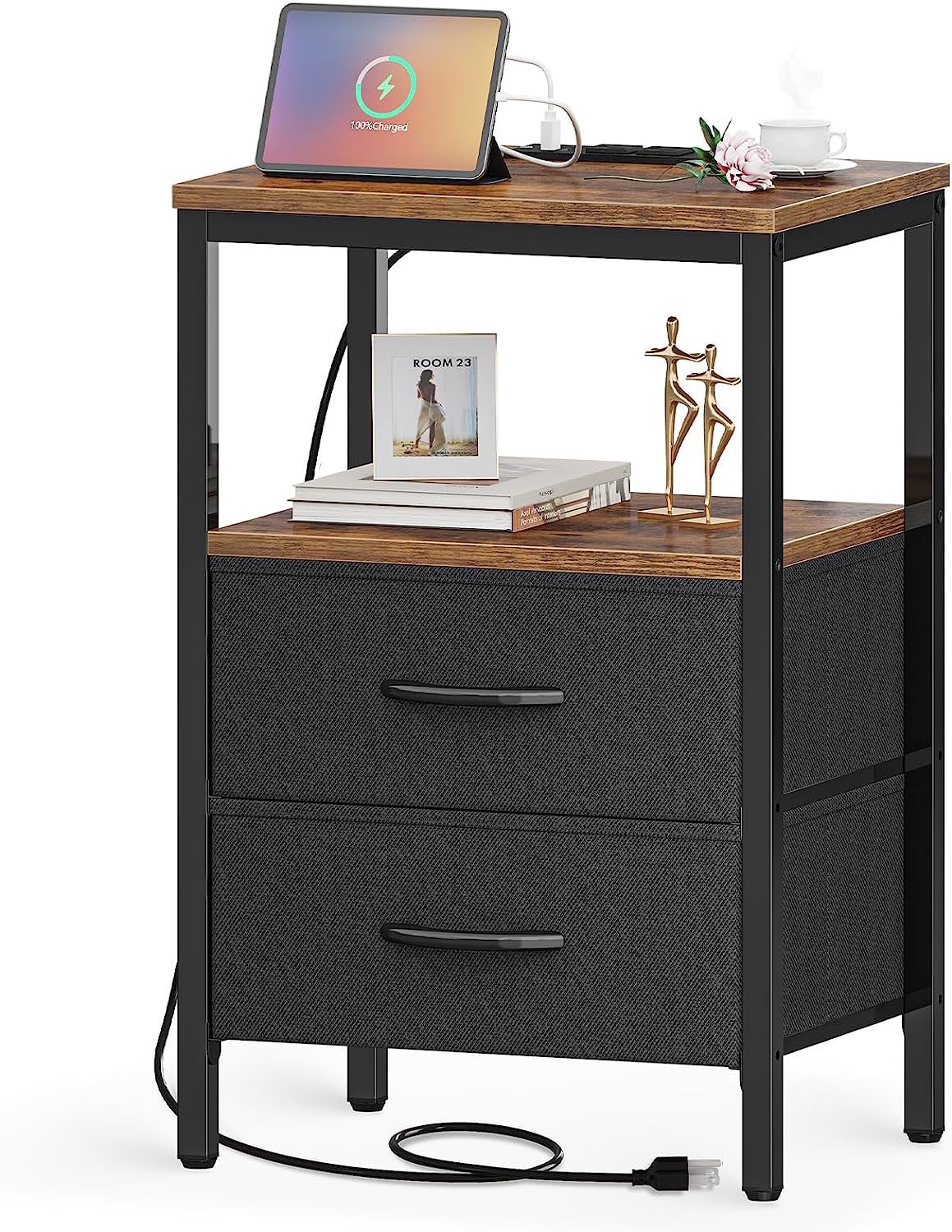Huuger Nightstand with Charging Station, Side Table with Fabric Drawers