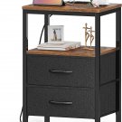 Huuger Nightstand with Charging Station, Side Table with Fabric Drawers