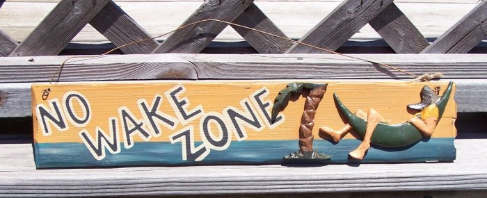No Wake Zone Man in Beach Hammock Tropical Wood Sign