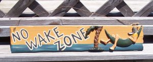 No Wake Zone Man in Beach Hammock Tropical Wood Sign