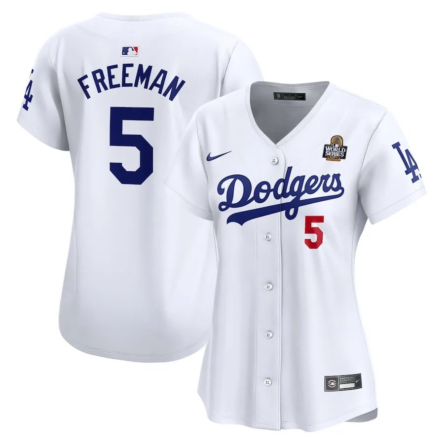 Women's Freddie Freeman Dodgers 5 world series champion jersey white