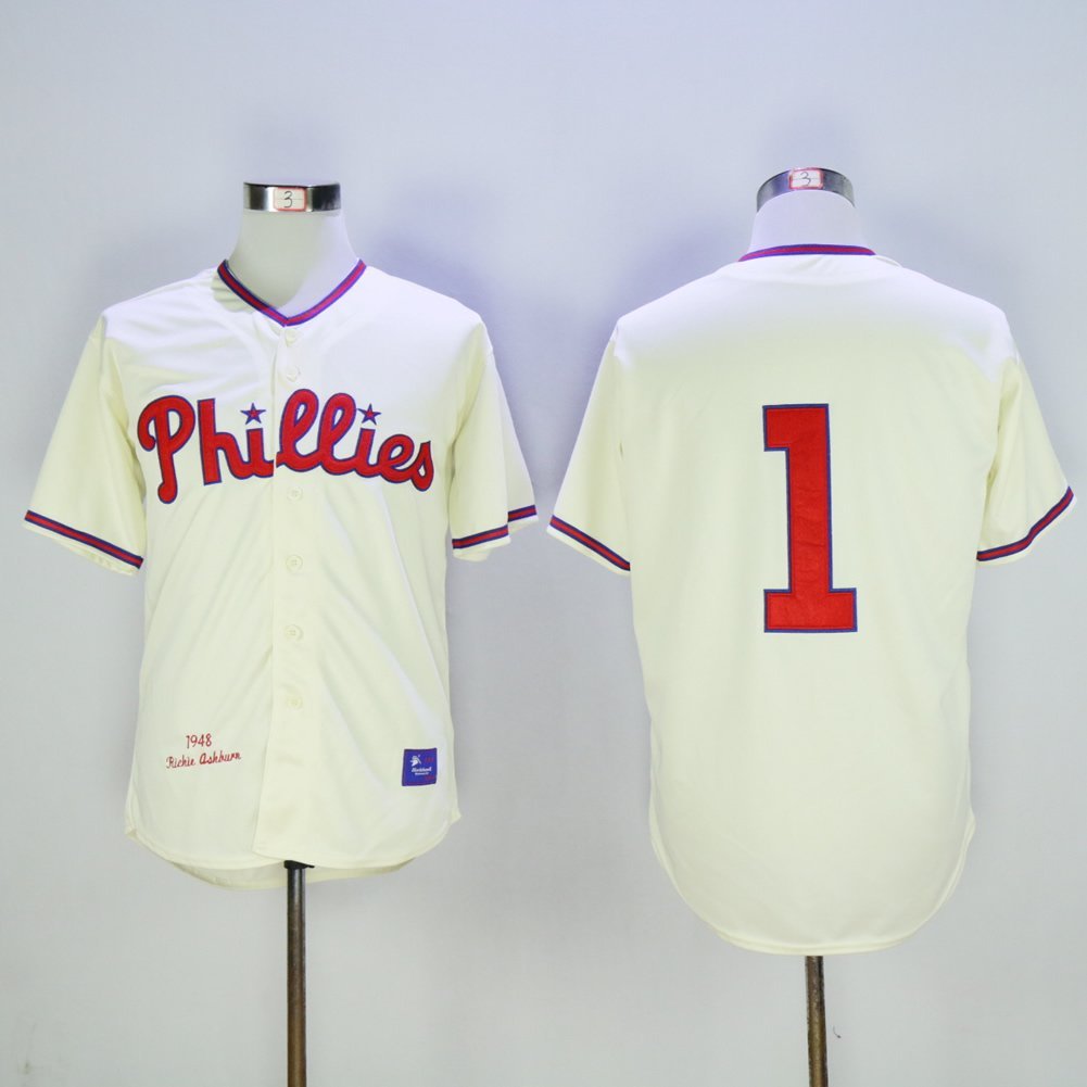 Philadelphia Phillie 1 Richie Ashburn Baseball Jersey Beige Retro