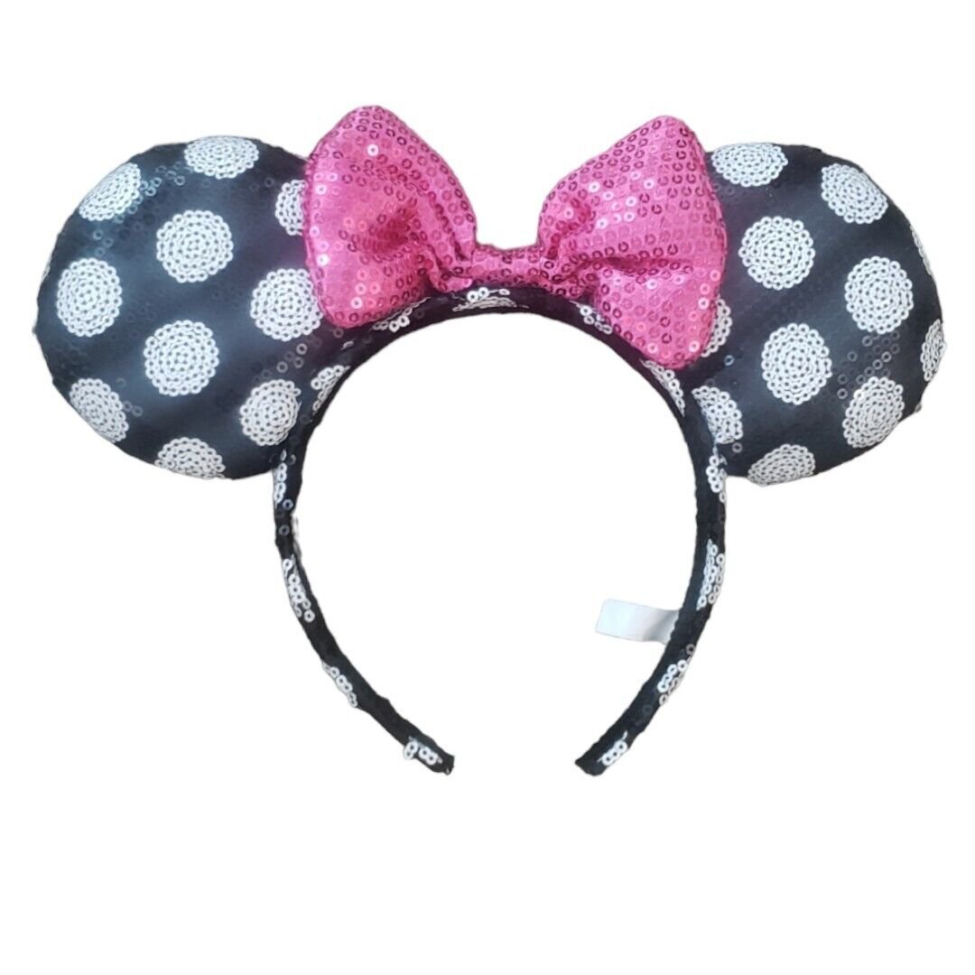 Disney Minnie Mouse Sequin Ears Headband Polka Dot Pink Bow 