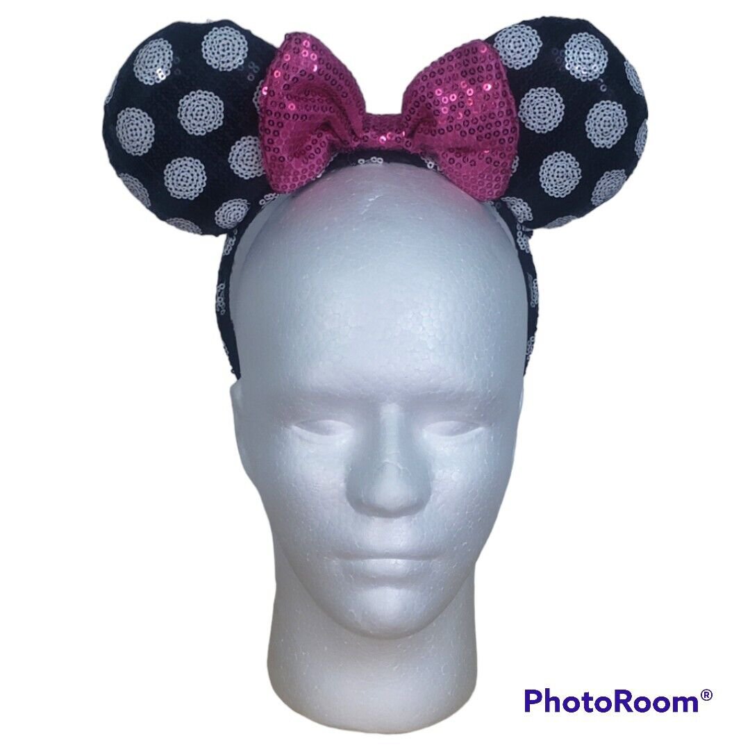 Disney Minnie Mouse Sequin Ears Headband Polka Dot Pink Bow 