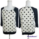 Jennifer Ln Heart Print Raglan Top 3/4 Sleeve Black & White Medium NEW