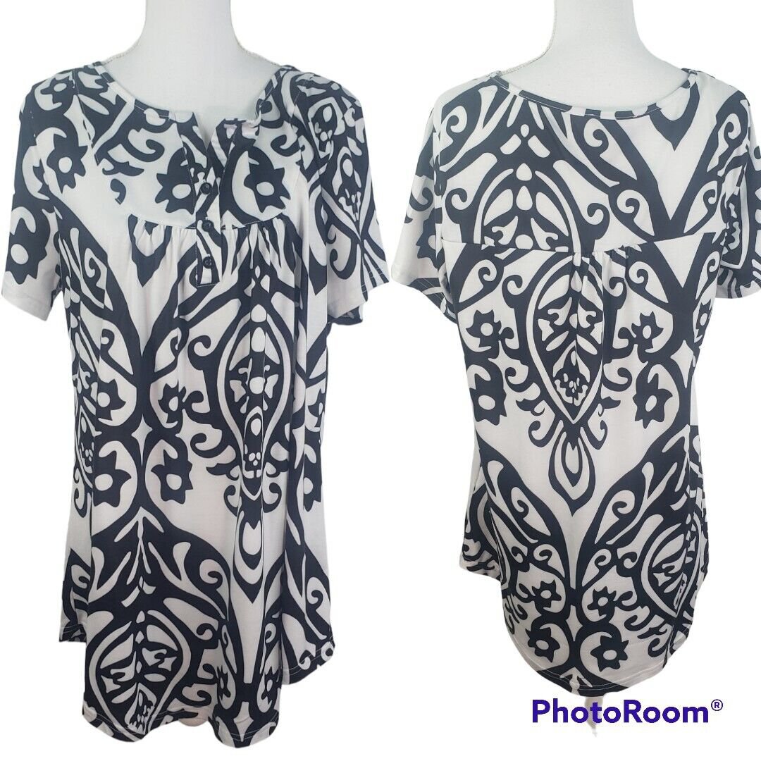 Sese Code Women's Paisley Print Tunic Blouse Short Sleeve 3XL Black & White