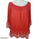 Fever Women's Peplum Blouse Off Shoulder Embroided Trim Bell Sleeve Coral Medium