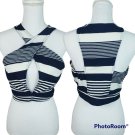 Manito Women's Criss Cross Bandage Crop Top Striped Navy Blue Size Large NEW