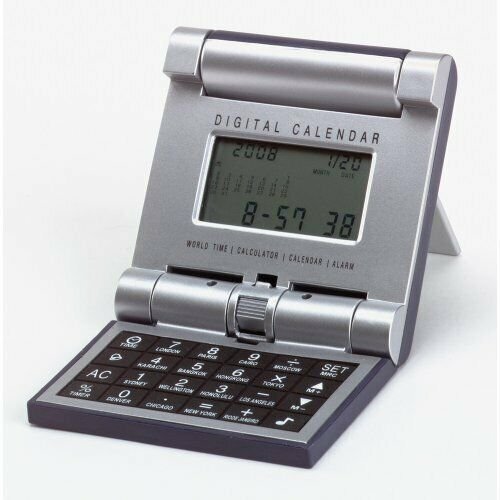 FOLDING WORLDTIME TRAVEL CLOCK WITH CALCULATOR, ALARM AND CALENDAR