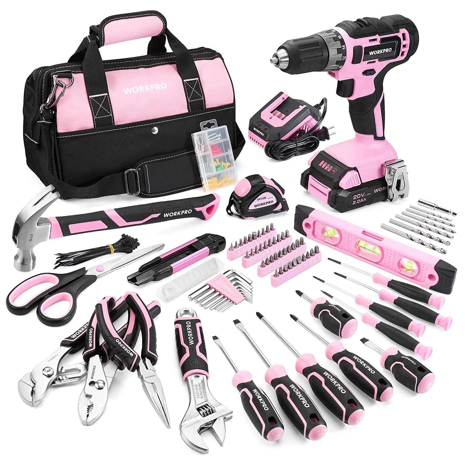 Workpro Pink Home Tool Kit With Drill 157pcs Pink Tool Set With 20v