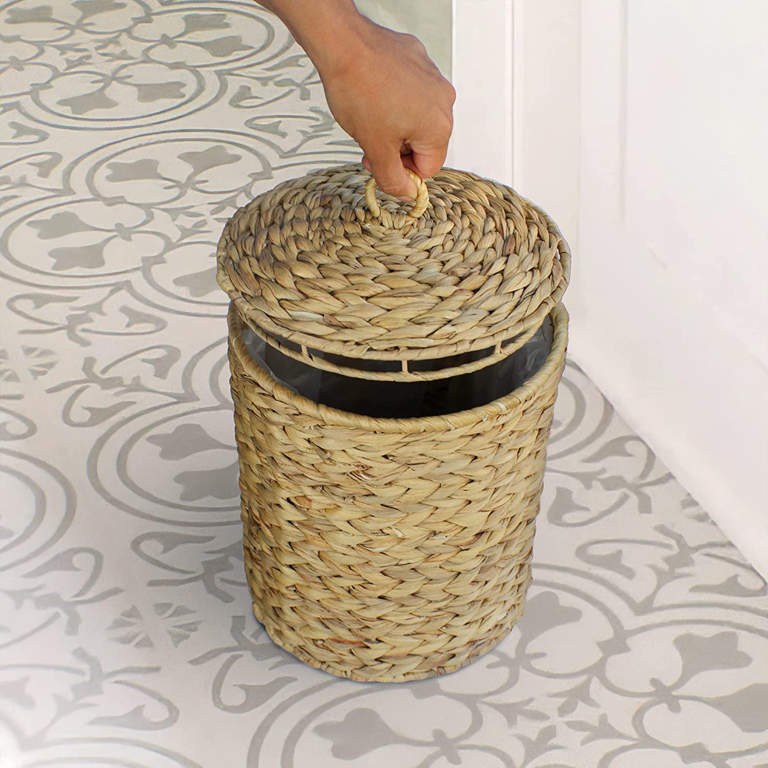 Round Water Hyacinth Wicker Waste Basket with Lid, Trash can