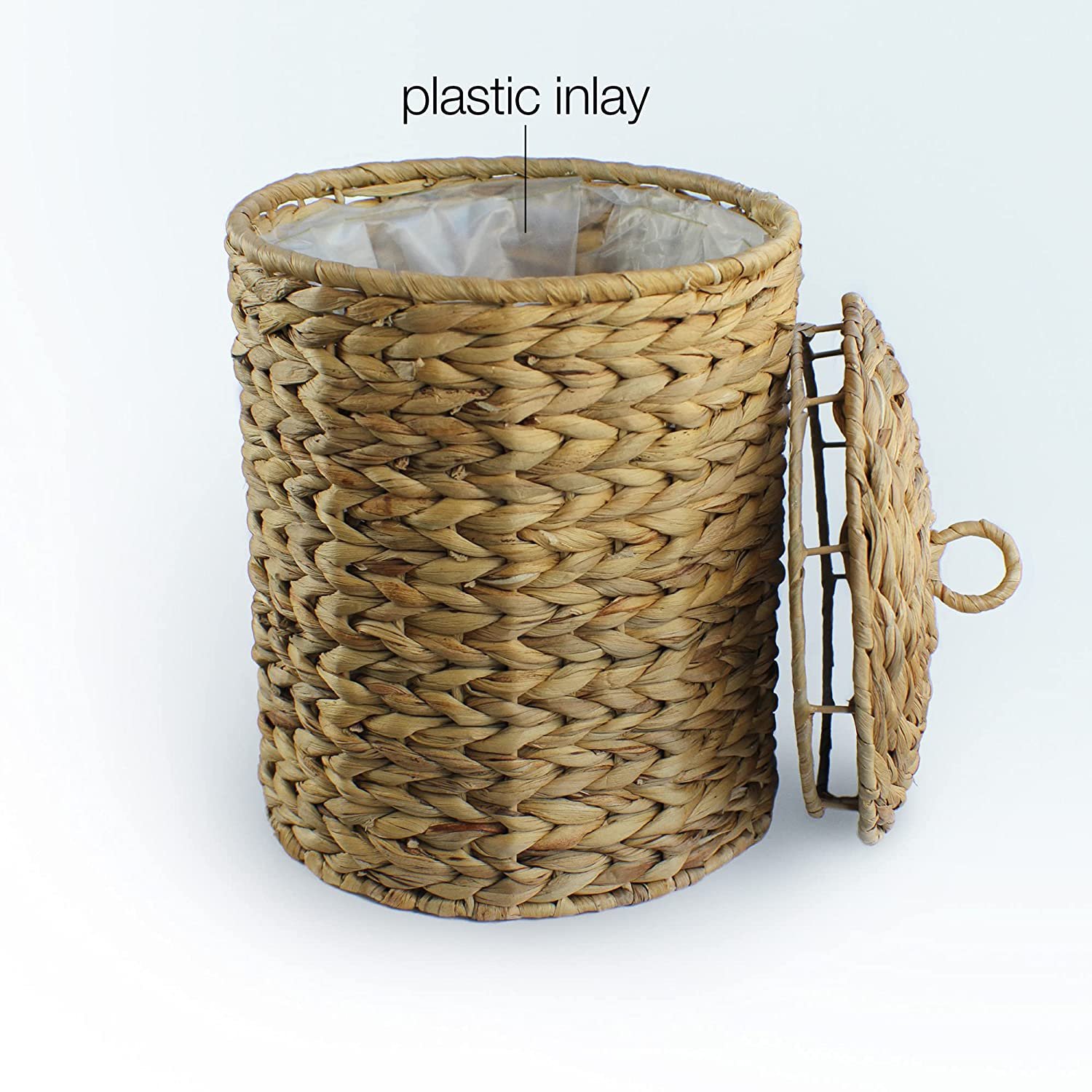 Round Water Hyacinth Wicker Waste Basket with Lid, Trash can