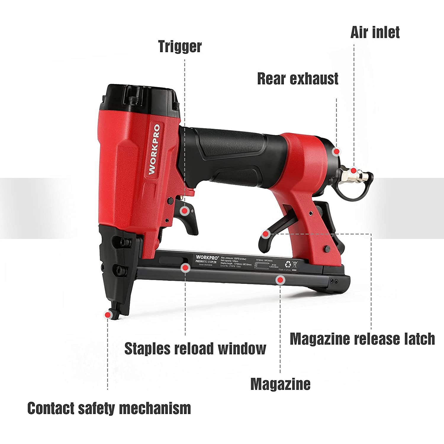 WORKPRO Pneumatic 20 Gauge Staple Gun, T50 Upholstery Stapler with