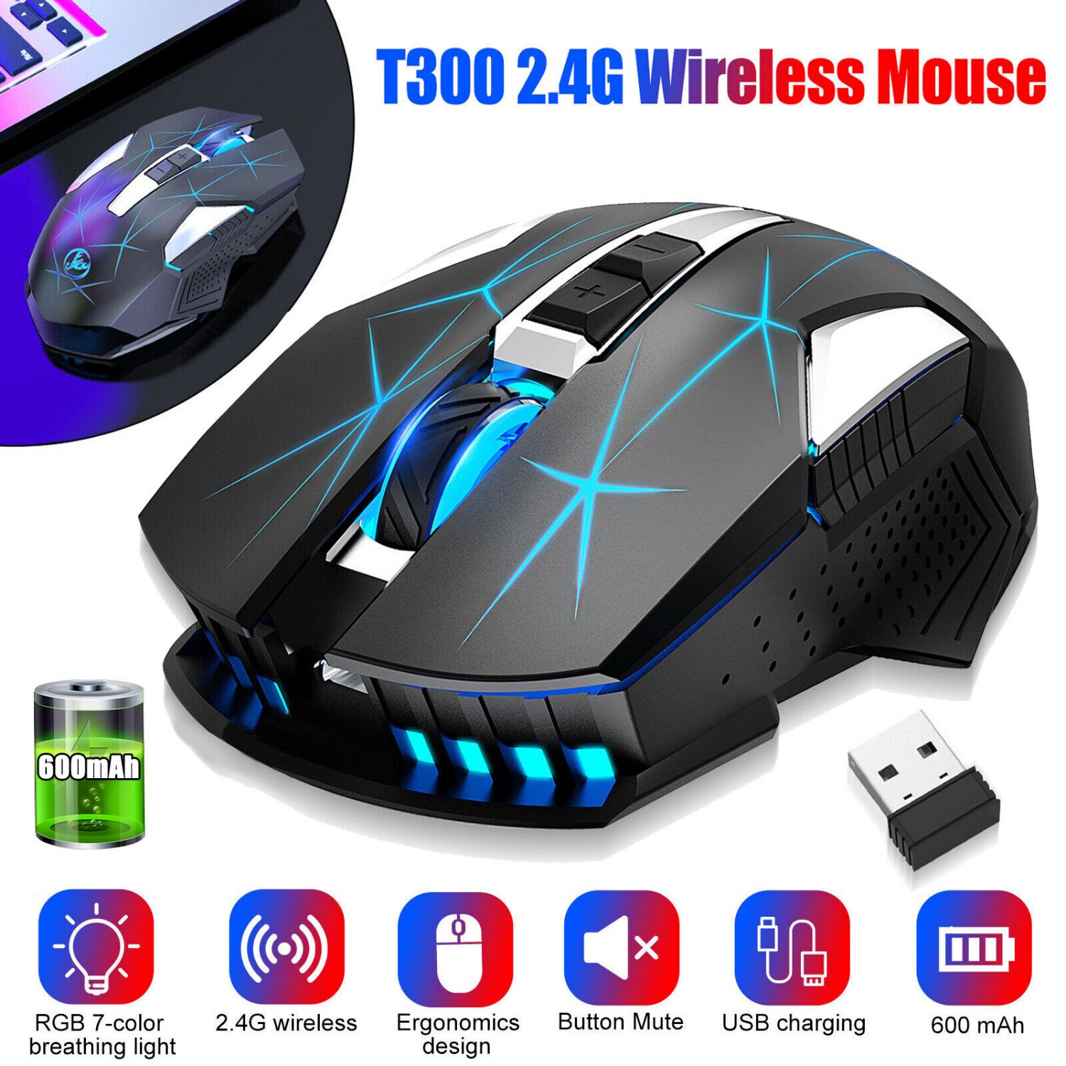 2400Dpi Rechargeable Wireless Optical Mouse Mice For Pc Laptop 2.4Ghz Usb 7 Leds