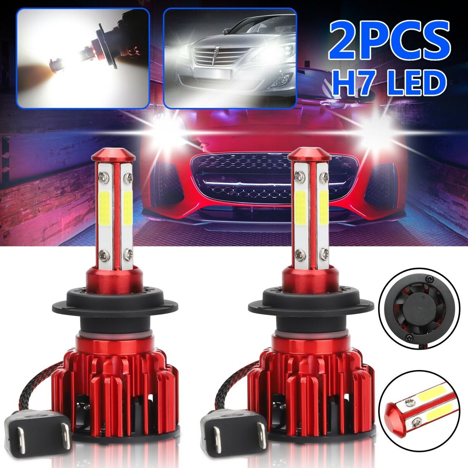2X Super Bright H7 Led Headlight Bulbs Conversion Kit High Low Beam 6000K White