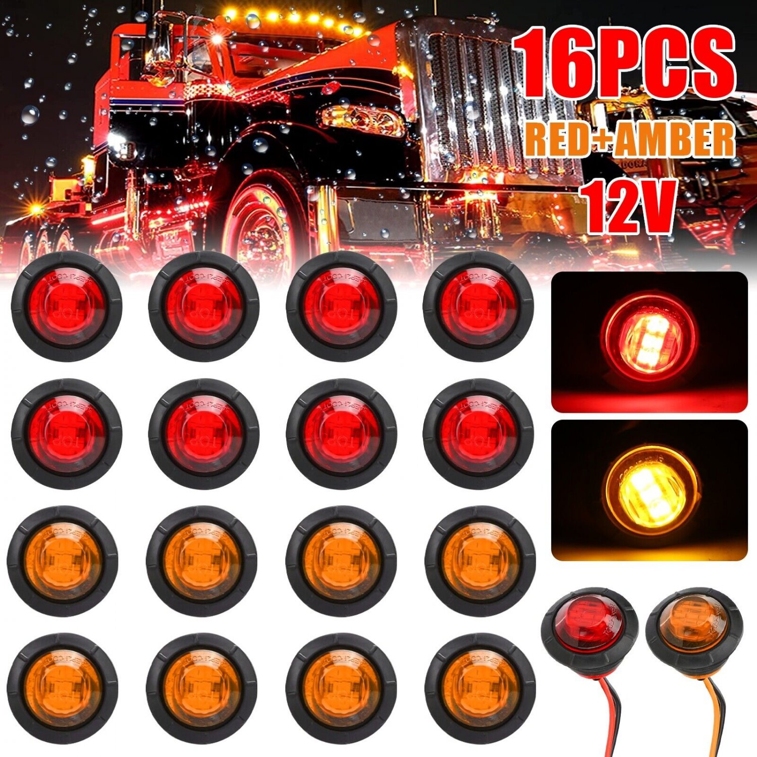 16X Pickup Round Side Marker Lights 3/4" Led Bullet Truck Trailer Red Amber 12V