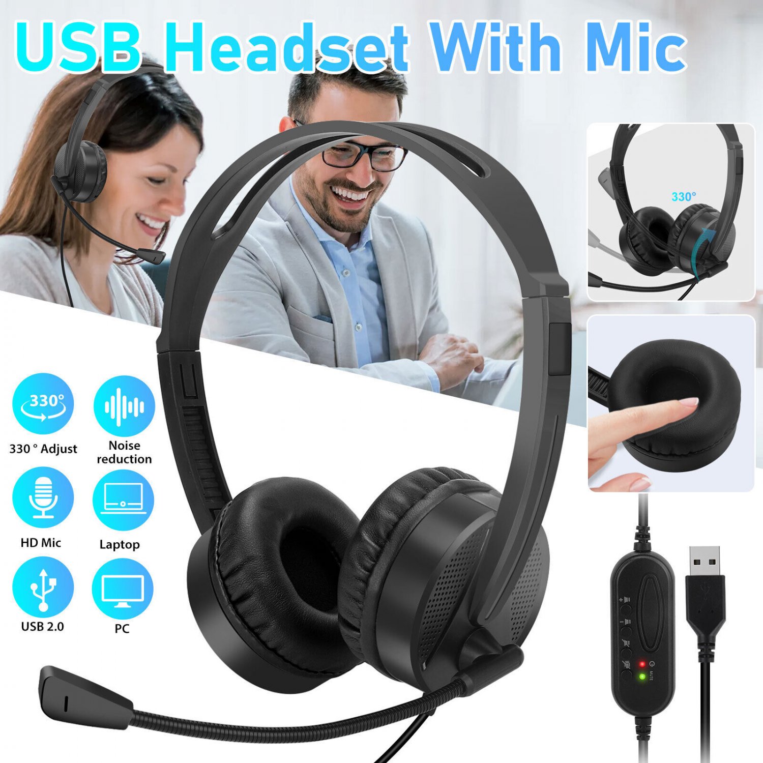 Usb Headset Microphone Headphone Wired Mic System For Pc Computer Pc Call Chat