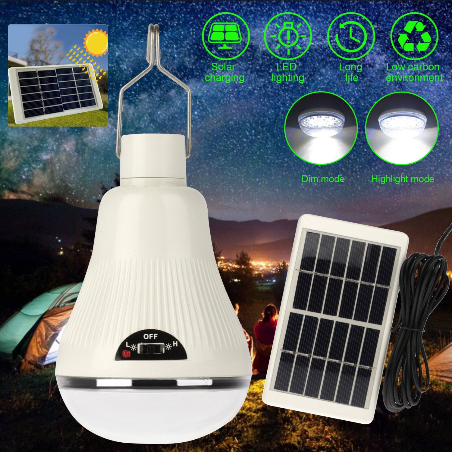 Portable Solar Panel Powered Led Lights Camping Light Bulb Tent Lamp In/Outdoor