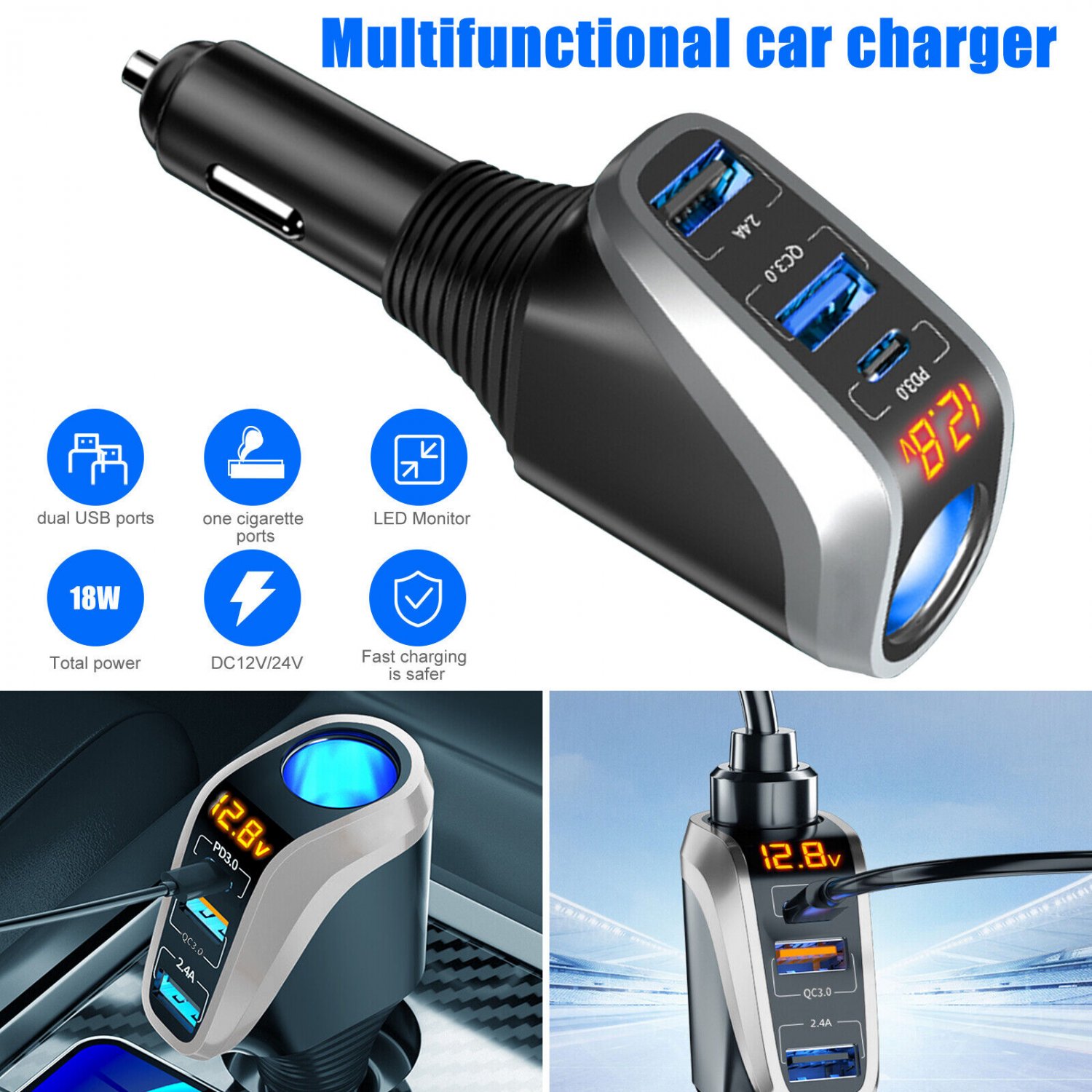 Car Cigarette Lighter Socket Splitter Dc 12V Dual Usb Type-C Pd Chargers Adapter