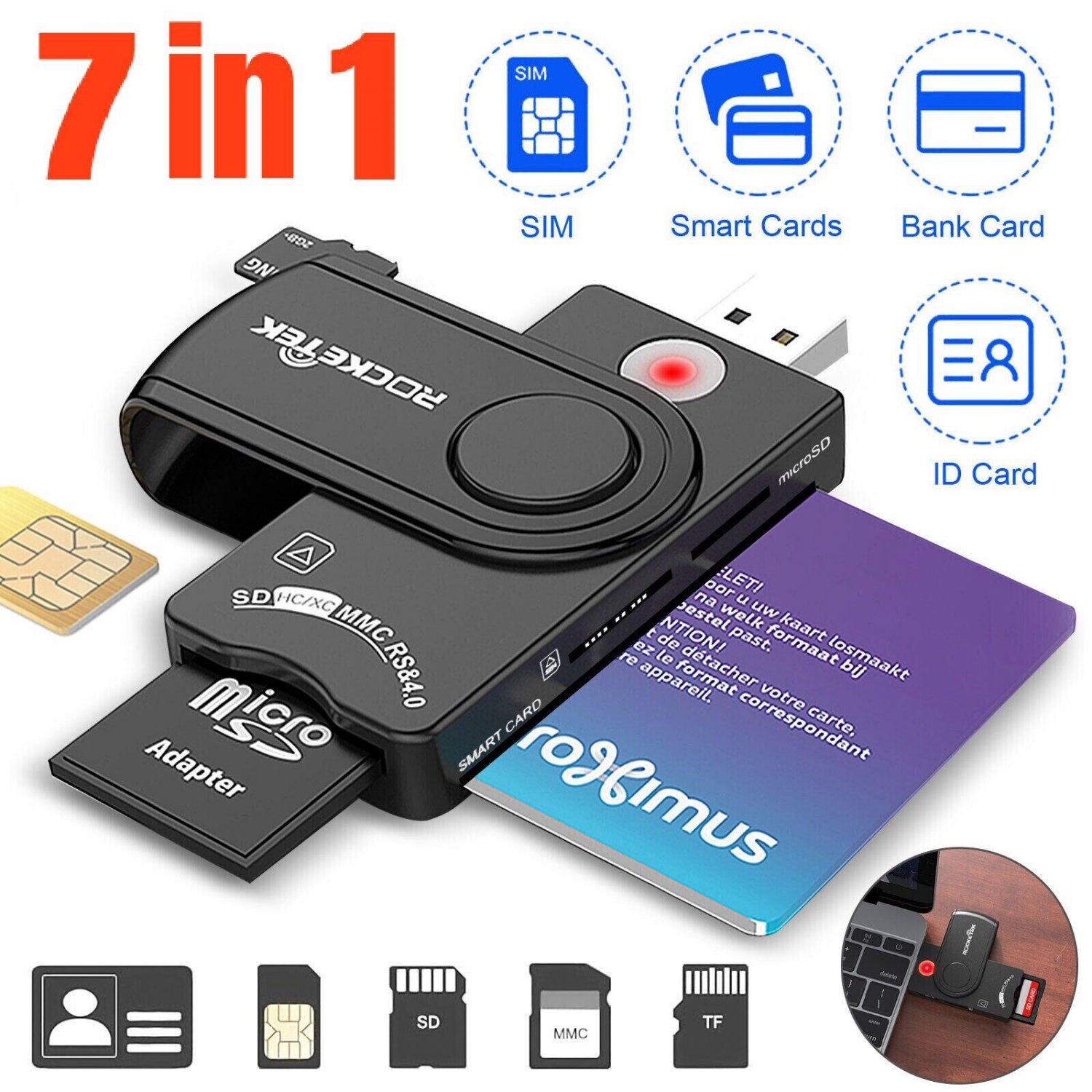 7In1 Usb Smart Card Reader Sim/Cac/Dod/Sdhc/Sdxc/Sd/Micro Sd Memory Card Adapter