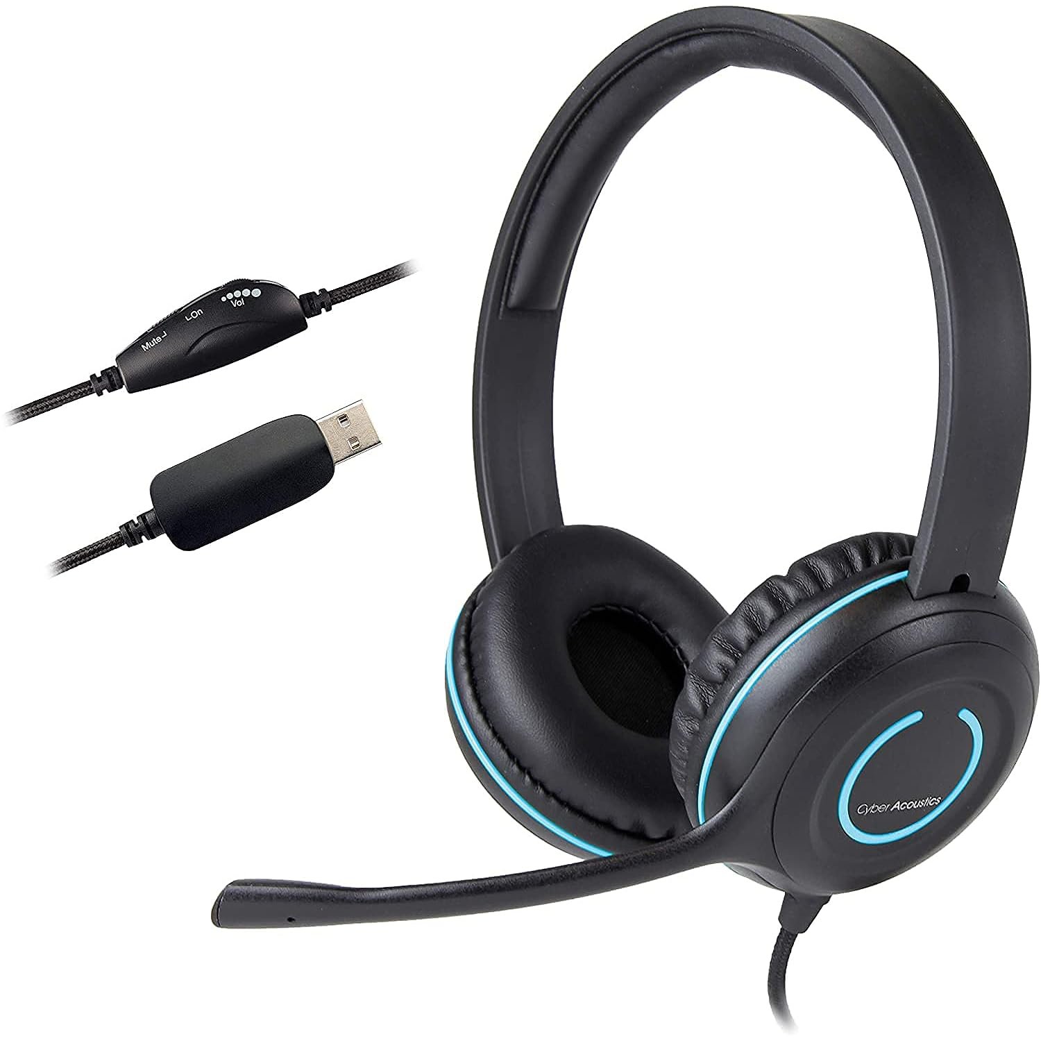 Cyber Acoustics Stereo USB Headset (AC-5008A), in-line Controls for Volume & Mic