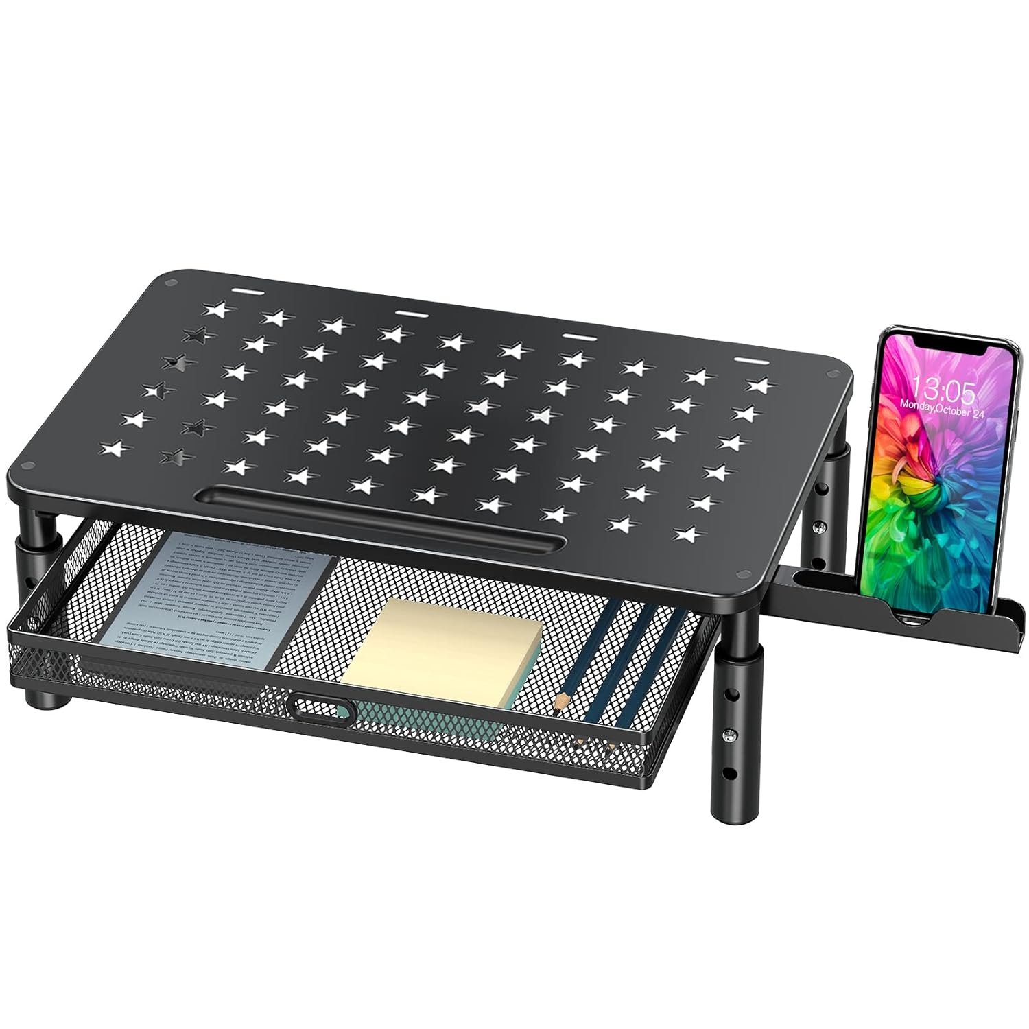Monitor Stand Riser With Metal Mesh Drawer, Height Adjustable Phone Holder For C