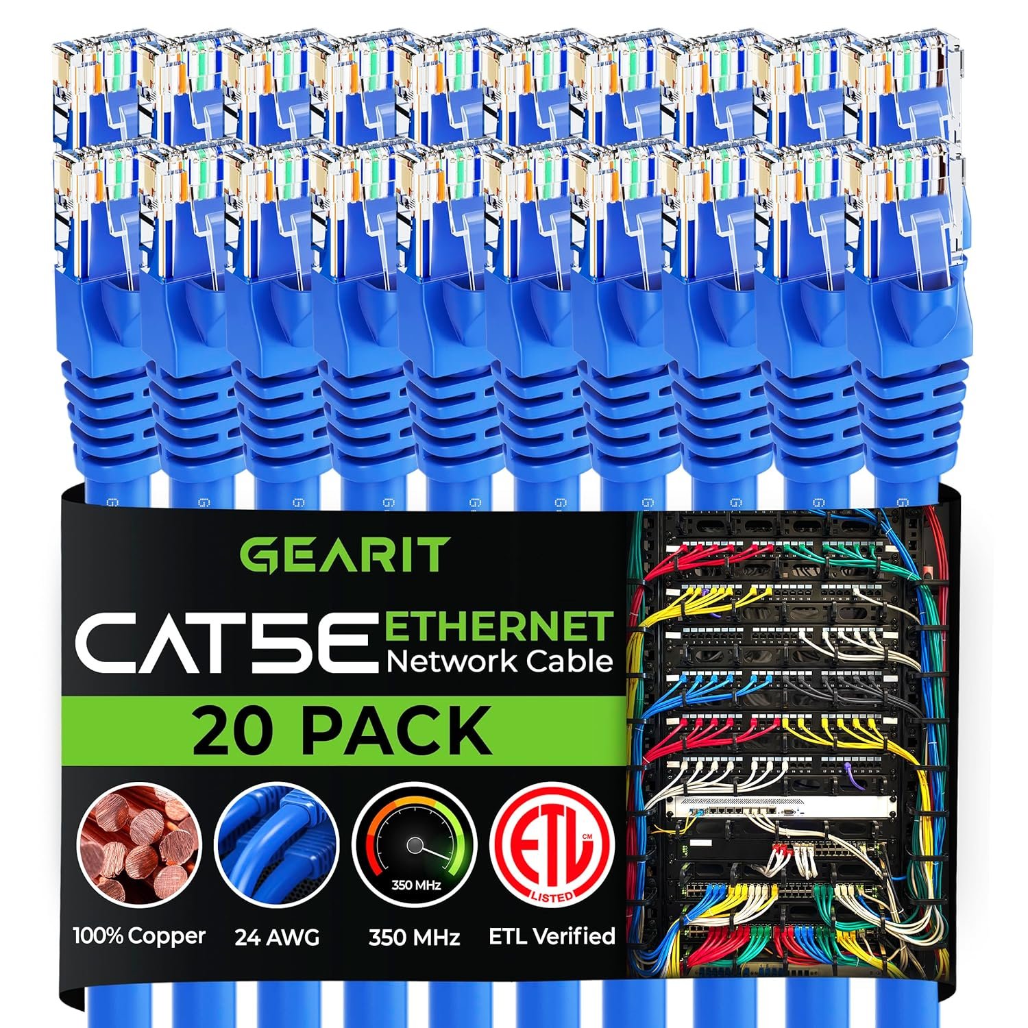 GearIT 20-Pack, Cat5e Ethernet Patch Cable 3 Feet - Snagless RJ45 Computer LAN Network Cord, Blue