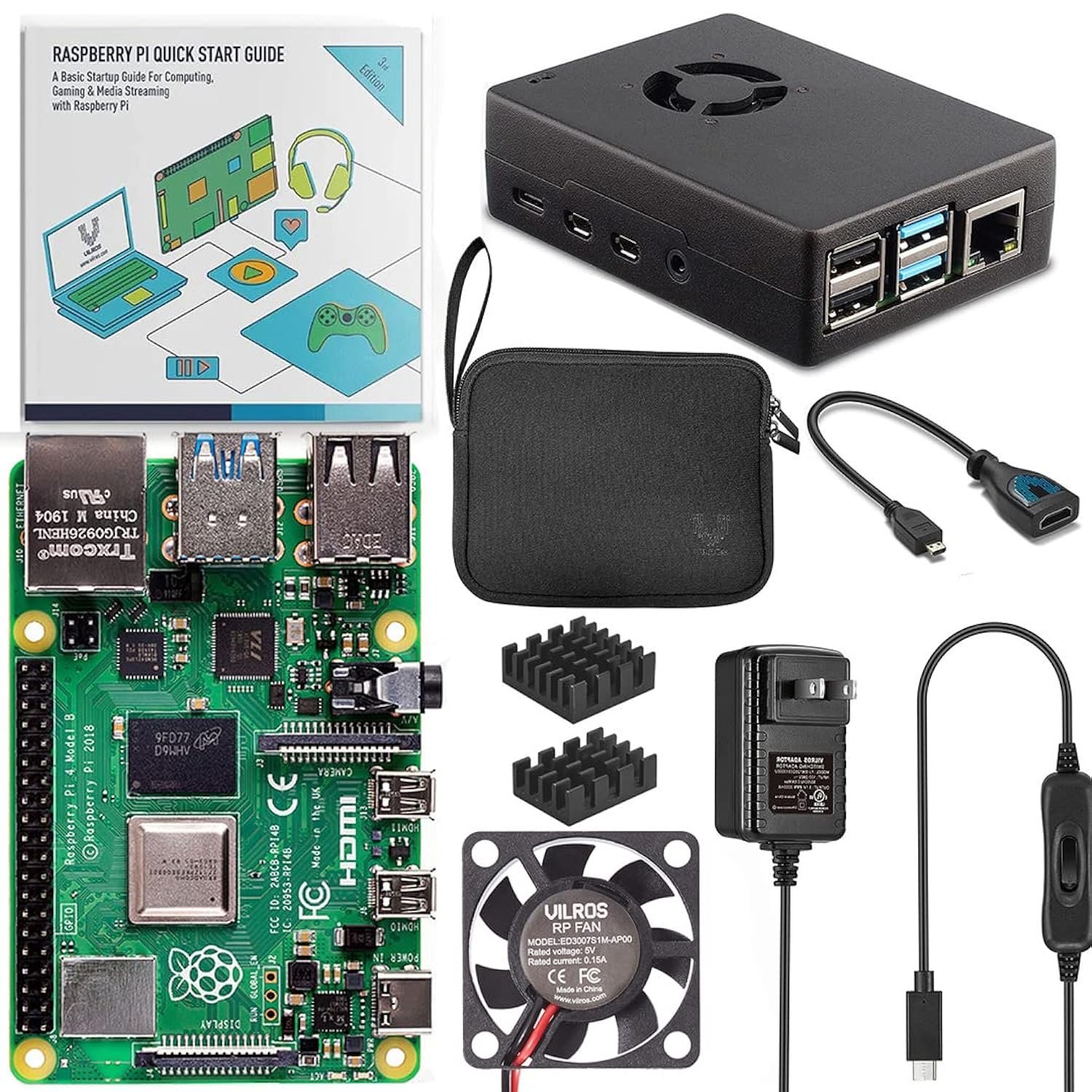 Vilros Raspberry Pi 4 8GB Basic Starter Kit with Fan Cooled Heavy Duty Aluminum Alloy Case (Black