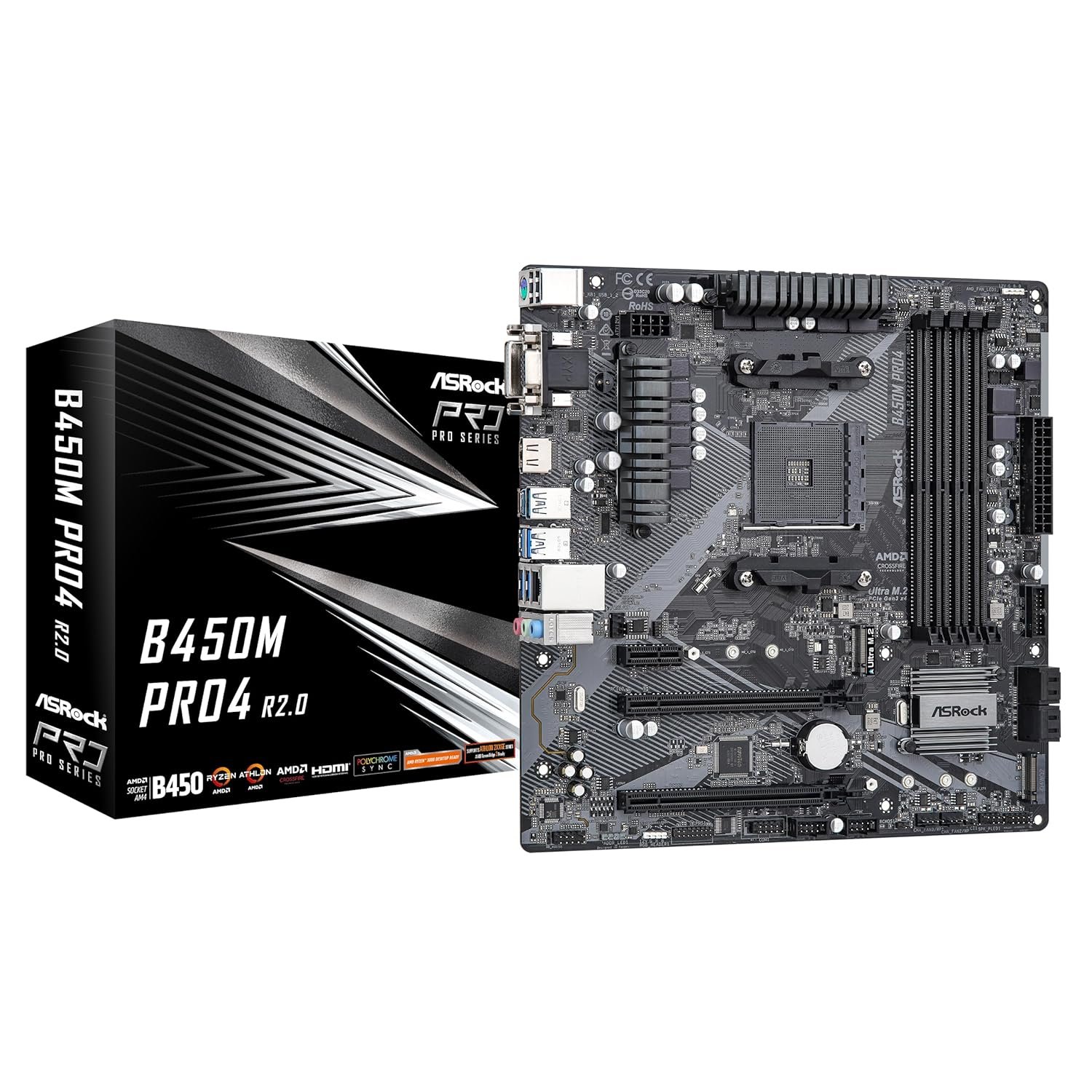 ASROCK B450M PRO4 R2.0 Socket AM4/ AMD B450/ DDR4/ SATA3&USB3.2/ M.2/ Micro ATX Motherboard