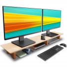 Large Dual Monitor Stand Riser, Solid Wood Desk Shelf With Eco Cork Legs For Laptop Computer/Tv/Pc