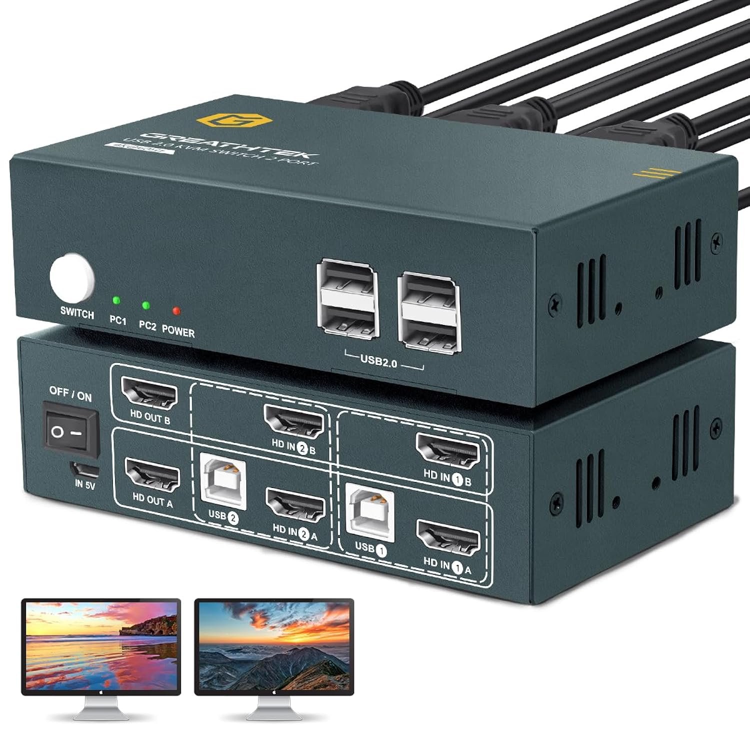 Hdmi Kvm Switch 2 Monitors 2 Computers,2 Port Dual Monitor Kvm Switcher For 2 Computers To Share 4