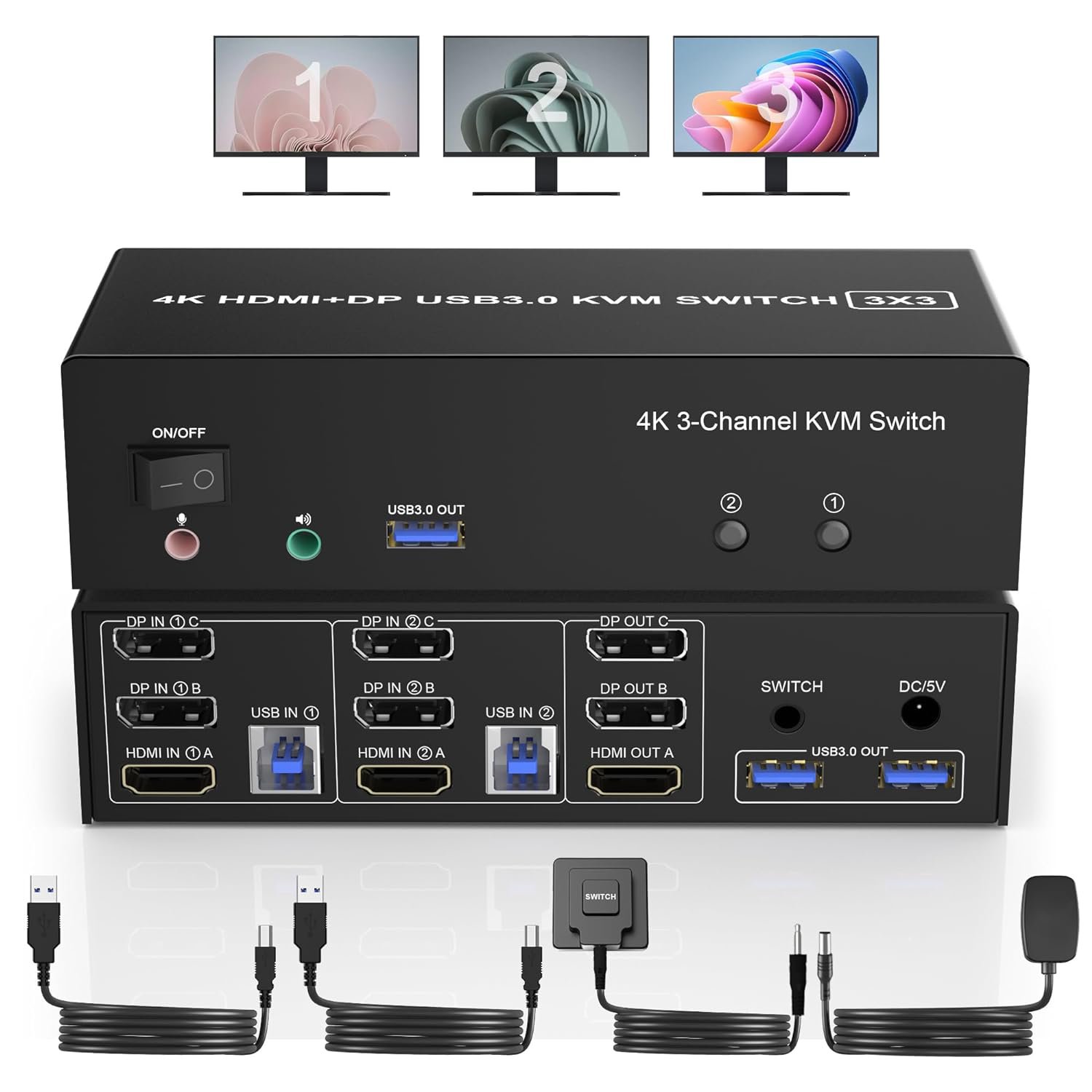 Hdmi + 2 Displayport Usb 3.0 Kvm Switch Triple Monitor For 2 Computers, 4K@60Hz Kvm Switch 2 Compu