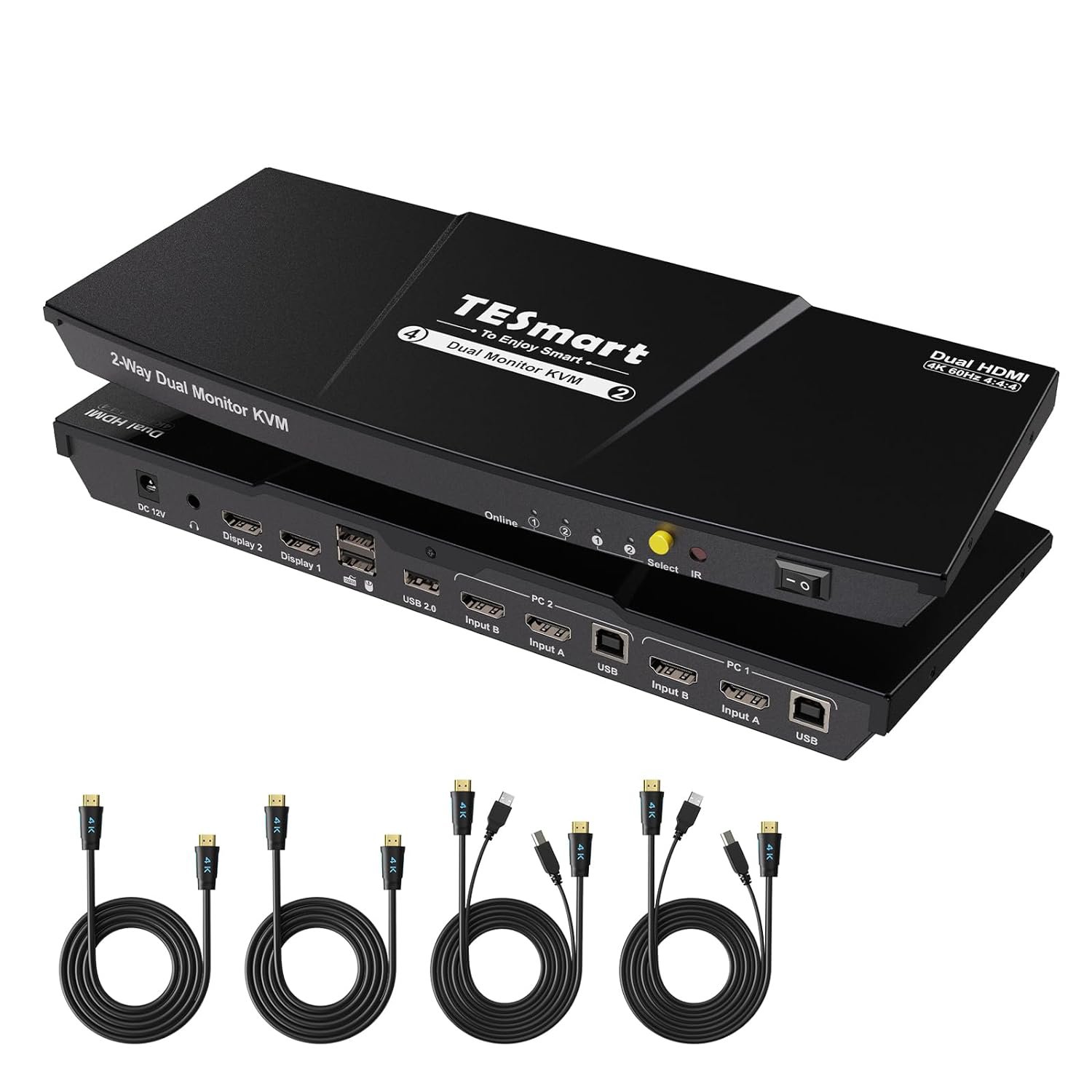 TESmart HDMI KVM Switch 2 Monitors 2 Computers 4K@60Hz, USB 2.0, Dual Monitor KVM Switch HDMI 2 Po