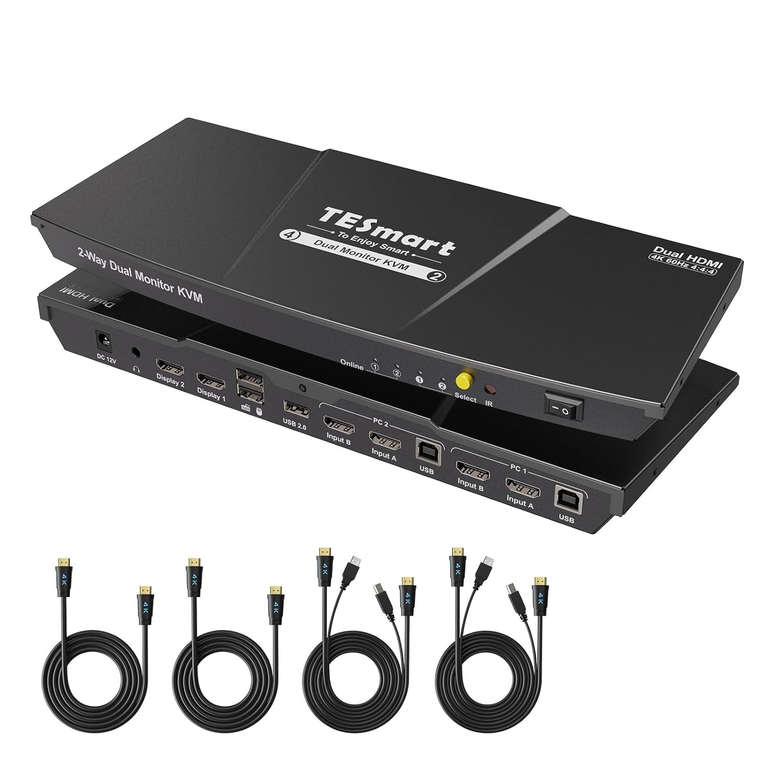 TESmart KVM Switch 2 Monitors 2 Computers, HDMI 2 Port Dual Monitor KVM, UHD 4K@60Hz RGB 4:4:4, US
