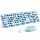 Wireless Keyboard And Mouse Combo, Blue Retro Keyboard With Round Keycaps, 2.4Ghz Dropout-Free Con