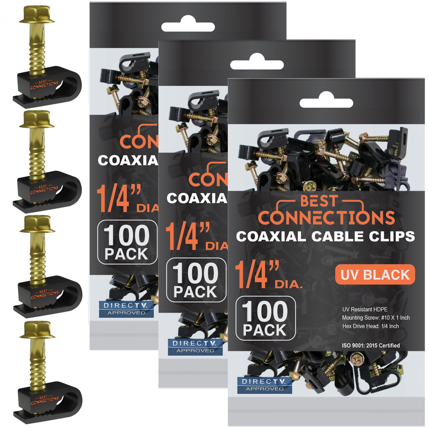 300 Pcs Single Black Mounting Flex Clips W/ Strain Relief Screw Rg6 Rg59