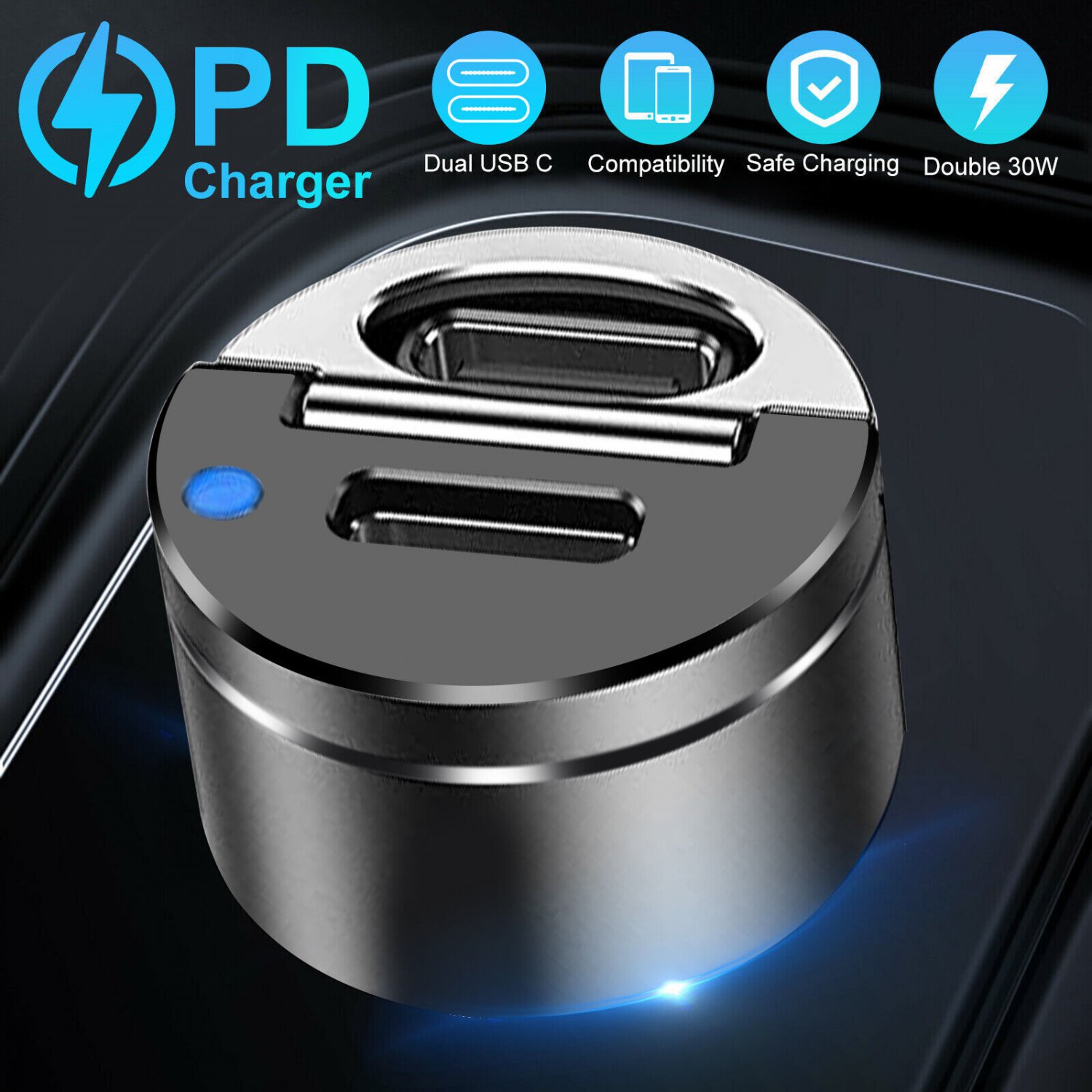 QC3.0 Mini Dual USB Type-C PD Car Charger Adapter 30W Fast Charging Accessories