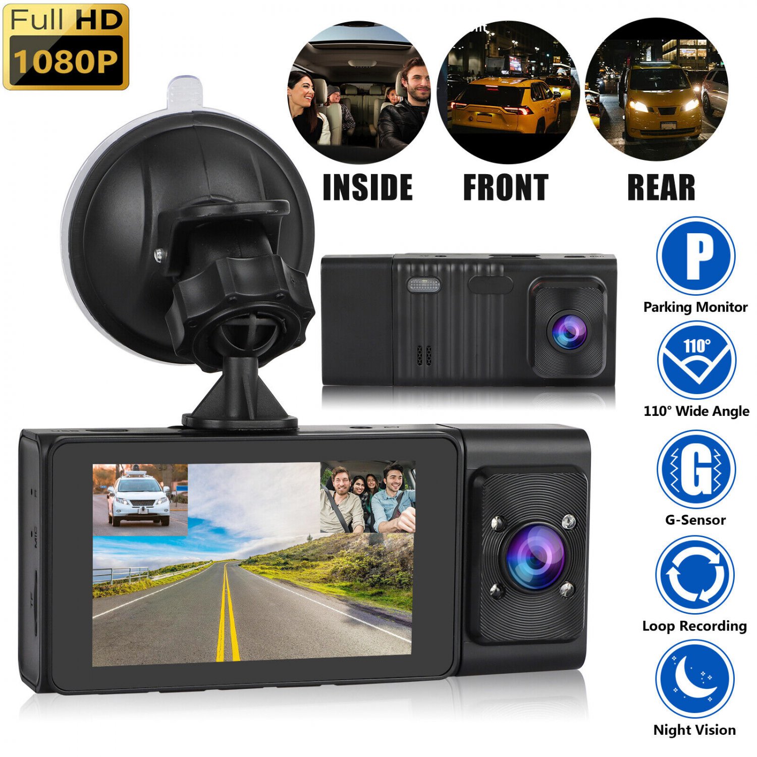 Car Dvr Dash Camera 1080P Front/Rear/Inside Video Recorder G-Sensor Night Vision