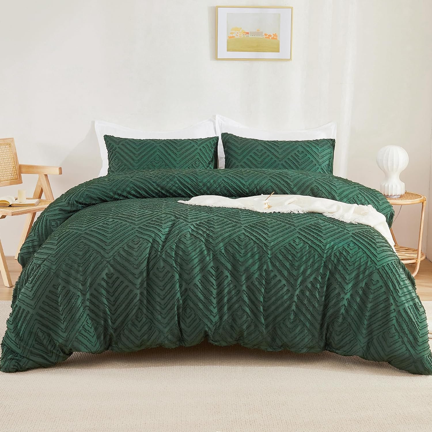 Emerald Green Queen Comforter Set, 3 Pieces Dark Green Tufted Boho