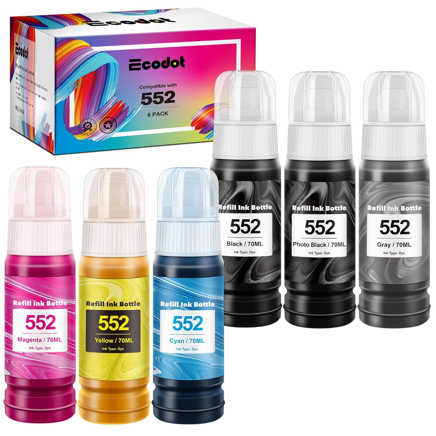 Compatible Refill Ink Bottles Replacement For Epson 552 T552 Use With Et-8550 Et-8500 Printer (6-P