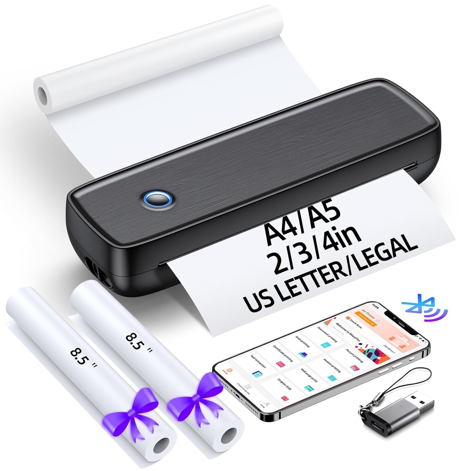 Portable Printer Wireless For Travel,Bluetooth Thermal Printer Support 8.5" X 11" Us Letter &Legal