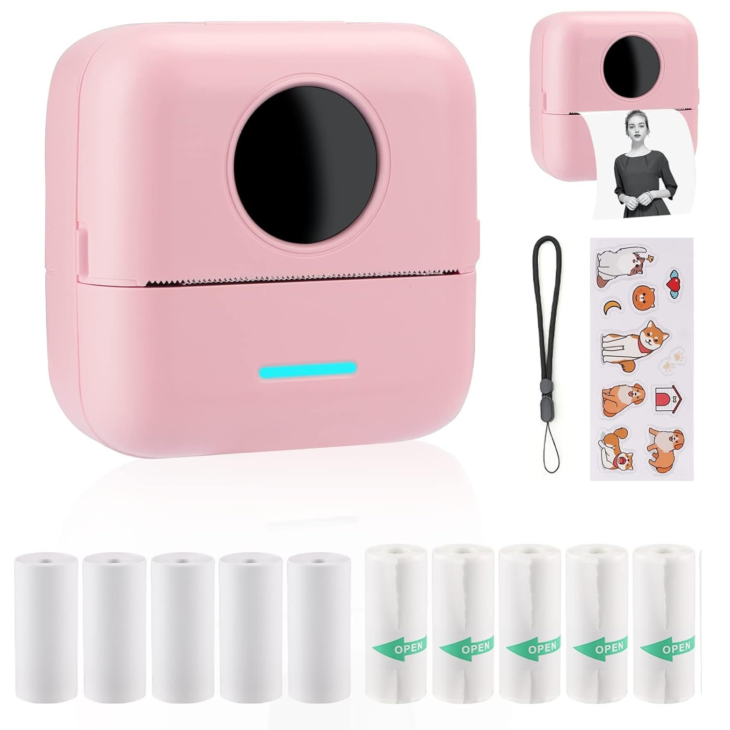 Mini Sticker Printer Bluetooth Smart Pocket Inkless Thermal Printer With 10 Rolls Thermal Paper An