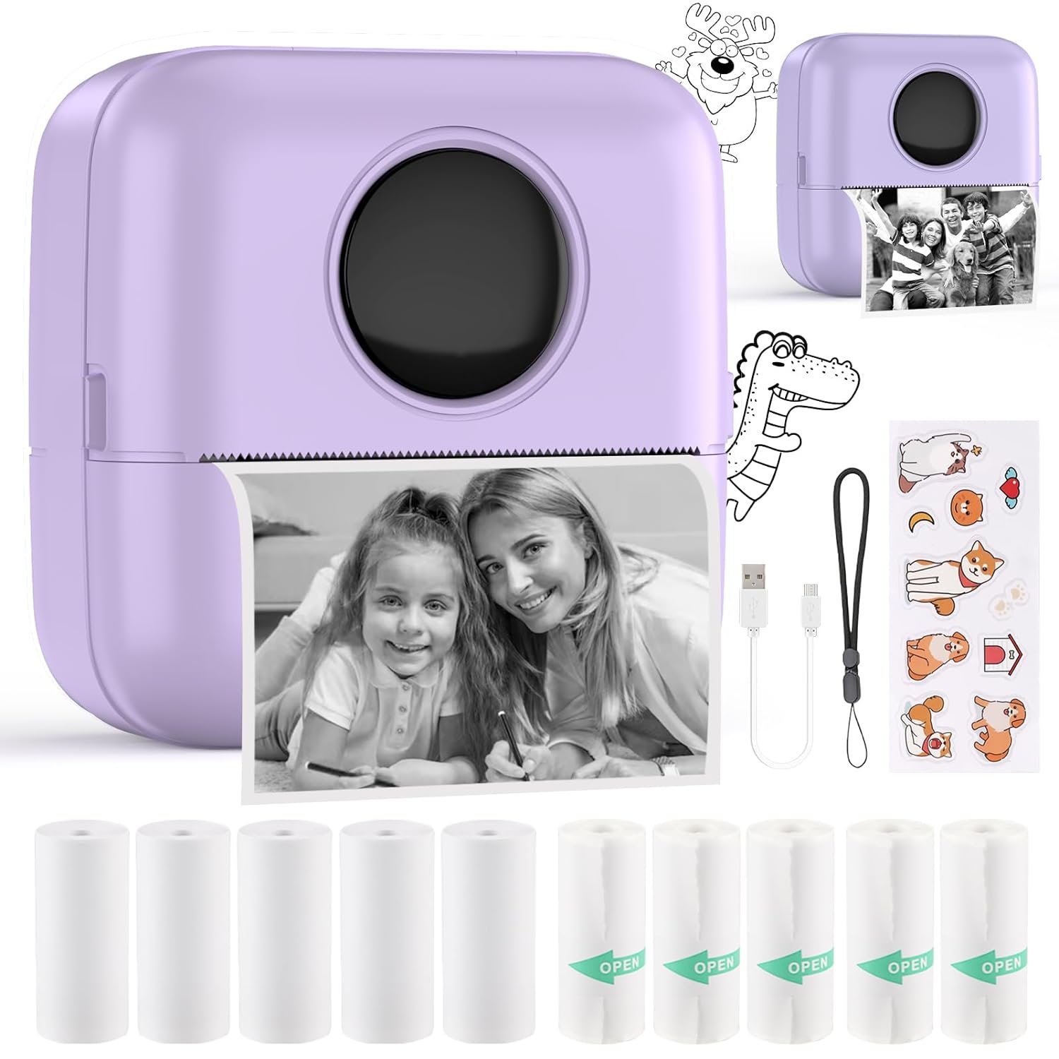 Mini Sticker Printer Pocket Inkless Thermal Printer With 11 Rolls Thermal Paper And Sticker For Io