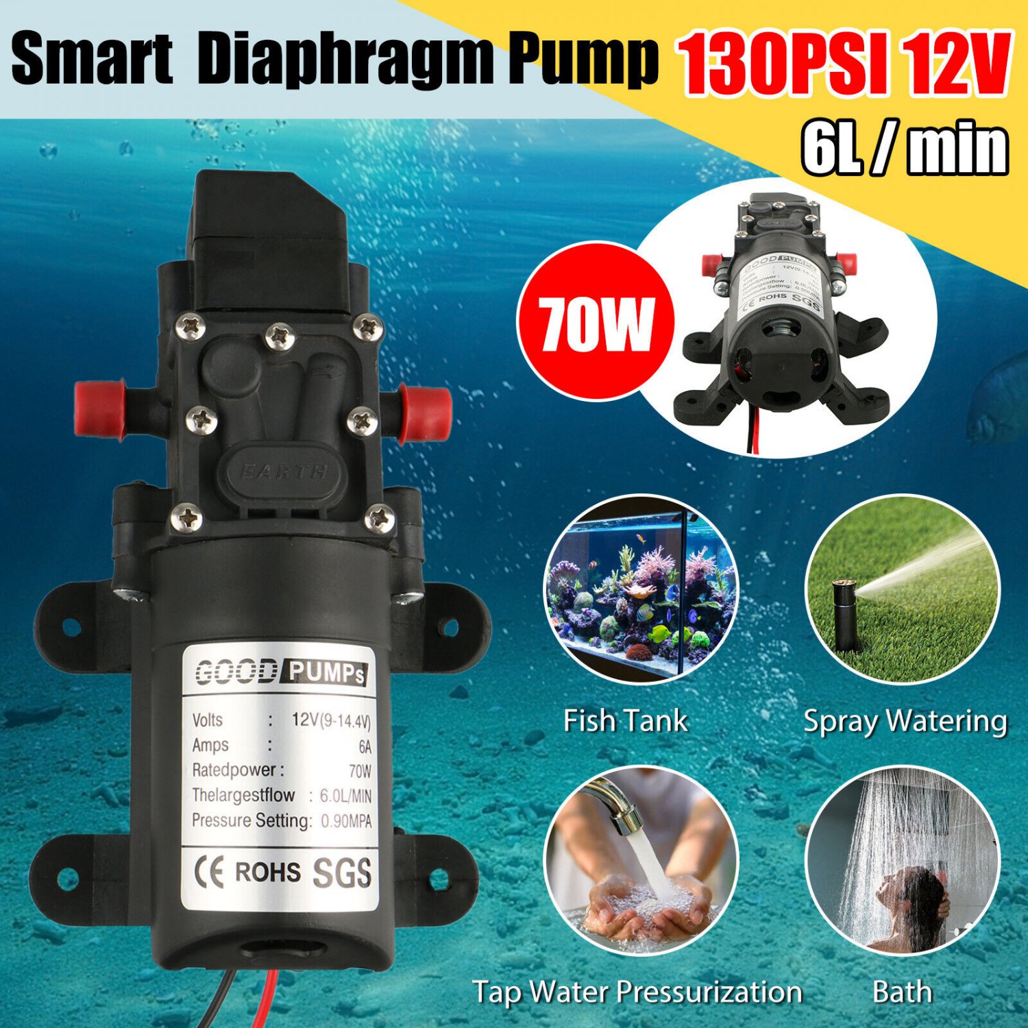 12V DC Water Pump 130PSI Self Priming Smart Electric Pump Diaphragm ...