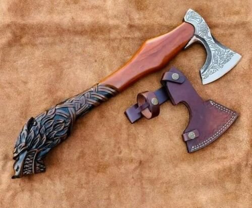Wolf Head Hand Engraved Bearded Axe with Leather Sheath | Antique Gift for Axe Lovers