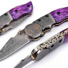 Handmade Damascus Steel Folding Knife with Bone Handle, Damascus Rain Drop Pattern